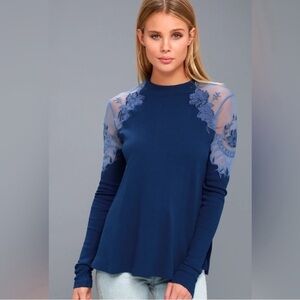 Free People Daniella Embroidered Lace Mesh Shoulder Top Cobalt Blue Size S